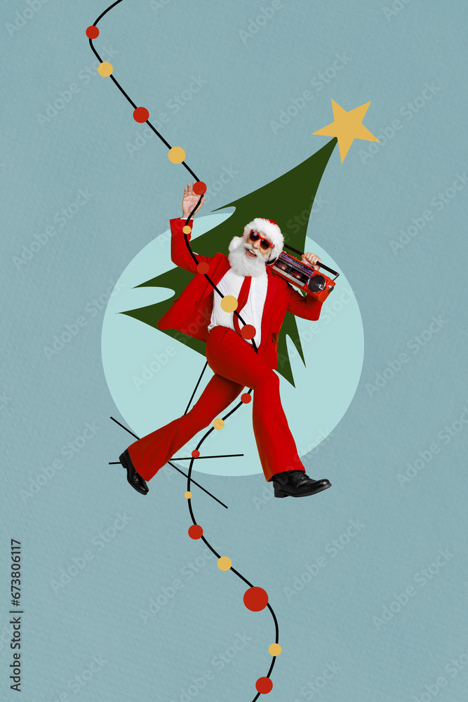 Wall mural vertical collage picture of excited crazy grandfather santa hang christmas illumination hold boombox