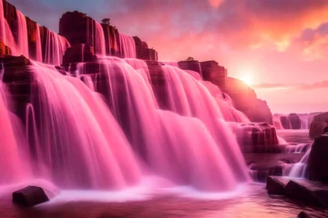 Foto op Canvas Side view of stepped waterfall group at sunrise in pink sky. © Bilal