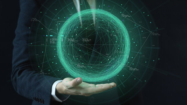 Futuristic sphere consisting of connection network server, neural bundle of big data cyber space metaverse, tech business analytical, Business developer hand showing innovation digital technology