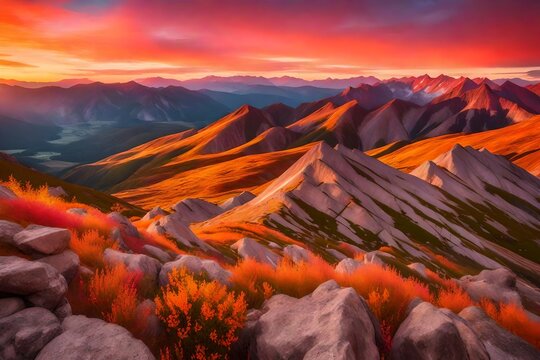 Rocky mountains at amazing colorful sunset in summer . Mountain ridges and beautiful sky with pink, red and ornage clouds and sunlight in spring. Landscape with rocks, mountain peak