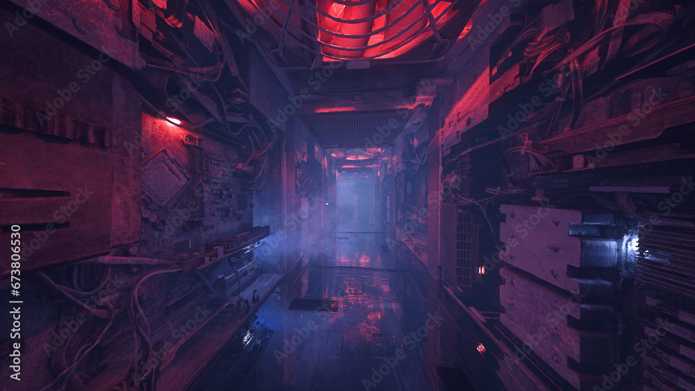Aufkleber dark moody cyberpunk sci-fi tunnel in an alien space ship or station. 3d illustration.