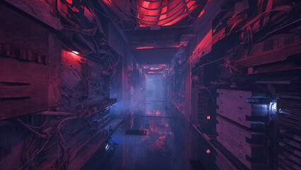 Dark moody cyberpunk sci-fi tunnel in an alien space ship or station. 3D illustration. © IG Digital Arts