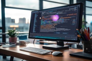 Fototapeta premium Modern office desk with computer monitor and Software development programming for modish application and program coding.