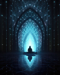 Mystical black and blue background with a silhouette of a silhouette in a prayer position