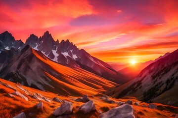 Rocky mountains at amazing colorful sunset in summer . Mountain ridges and beautiful sky with pink, red and ornage clouds and sunlight in spring. Landscape with rocks, mountain peak - obrazy, fototapety, plakaty