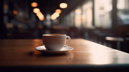 Hot coffee cup on wooden table with beautiful blurred bokeh background