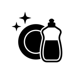 Obraz premium Dishwashing icon. Clean tableware. Dish washing. Clean dishes. Washing dishes. Washing up liquid. Vector icon isolated on white background.