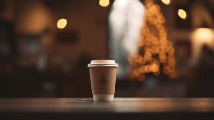 Takeaway hot coffee cup on wooden table with blurred bokeh christmas tree light background. - obrazy, fototapety, plakaty