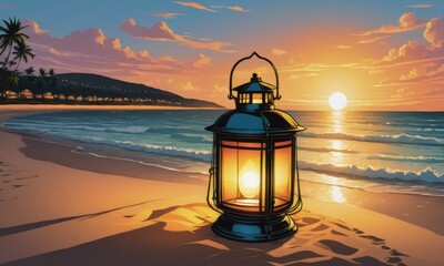A lantern on the beach at sunset