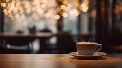 Hot coffee cup on wooden table with beautiful blurred bokeh background