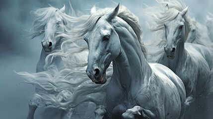 Herd of white horses running through the snow.