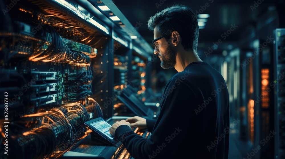 Aufkleber Computer engineering is working in the server room.