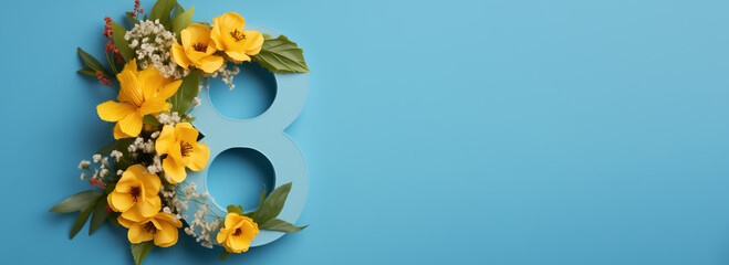 number 8 shape layout with yellow flowers bouquet on blue background. copy space. top view. concept of international women's day. March 8 - obrazy, fototapety, plakaty