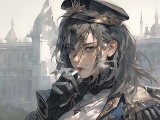3D rendering of a girl in a steampunk costume smoking a cigarette