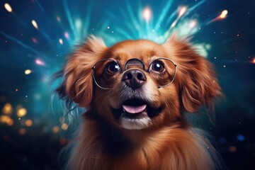 A Dapper Canine in Spectacles Amidst a Dazzling Fireworks Display