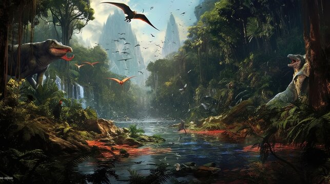 Man exploring a jungle exoplanet with gigantic and unknown animals.