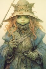 Watercolor book illustration of a beautiful young frog witch.