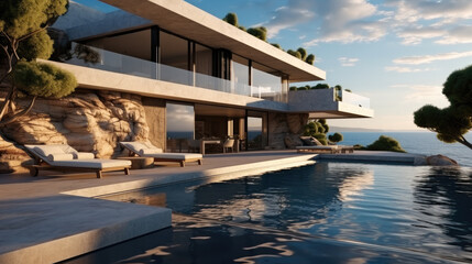 Fototapeta na wymiar Tranquil modern luxury home showcase exterior with infinity pool and ocean view.
