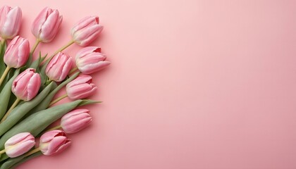 Bouquet of pink tulips flowers on pastel pink background. Valentine's Day, Easter, Birthday, Happy Women's Day, Mother's Day. Flat lay, top view, copy space in center