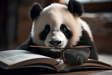 panda bear reading a book made by midjeorney