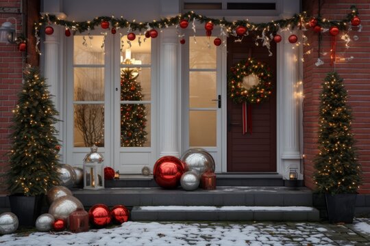 Festive House Front: The exterior facade of a house adorned with New Year's ornaments, garlands, and charming toys