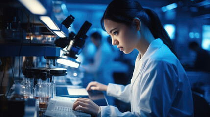 A beautiful Chinese woman working in large modern laboratory with advanced equipment.