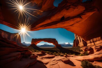 Sunburst under Mesa Arch, with the arches and landscape