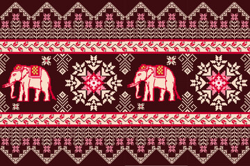 Ethnic Thai Elephant and Floral Pixel Art Seamless Pattern.  Design for fabric, carpet, tile, embroidery, wallpaper, and background - obrazy, fototapety, plakaty