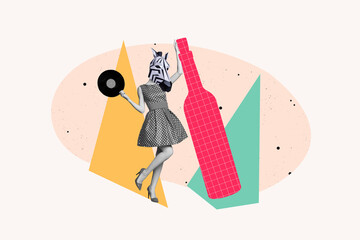 Youth person girl collage dancing hold vinyl disc drink alcohol bottle have fun at vip masquerade party isolated on white background