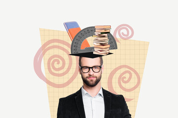 Collage of confident teacher in formal suit wearing specs thinking about knowledge he could give...