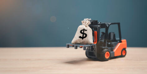 Forklift truck carries a US dollar USD money bag. Investments financing Profit from trade and exchange taxes revenues. - obrazy, fototapety, plakaty