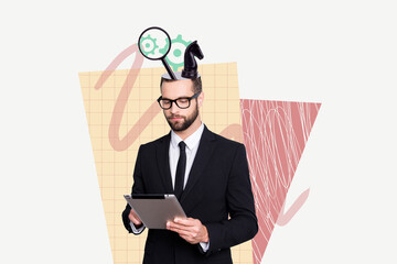 Collage image of corporate worker man wear formal suit use tablet searching optimization ideas...