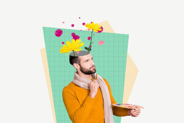 Portrait collage of minded ponder guy artists holding brushes palette looking inspired imagine draw...