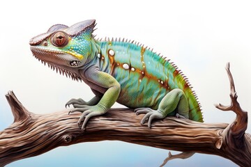 Fototapeta premium A Colorful Camouflaged Chameleon Perched on a Leafy Branch
