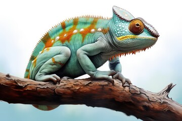Colorful Chameleon Blending with Nature on a Branch - obrazy, fototapety, plakaty