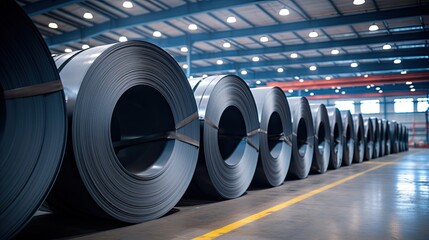 rolls of cold rolled steel in warehouse - obrazy, fototapety, plakaty