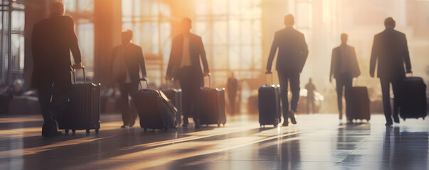 Silhouettes of businesspeople with rolling bags at the airport, warm colors, and a banner-style composition. Perfect for a travel or business concept with a stylish touch.Blurred - obrazy, fototapety, plakaty