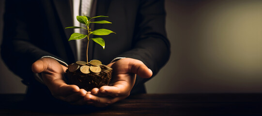 powerful symbol of wealth and investment as a man holds a flourishing plant growing from a bed of coins. Prosperity and financial growth in one captivating image.Copy text space