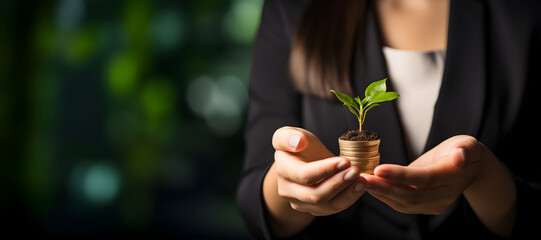  woman holding a plant sprouting from a mound of coins, symbolizing the transformative force of financial growth and investment