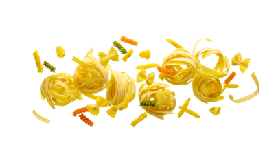 Uncooked mix of pasta flying isolated on a white background