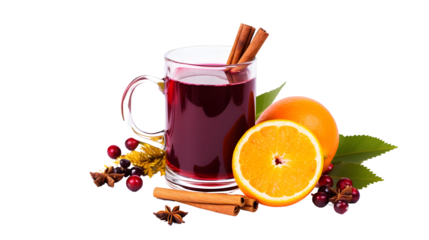 Traditional Christmas hot alcohol drink, red mulled wine with oranges, cinnamon and spices, white background