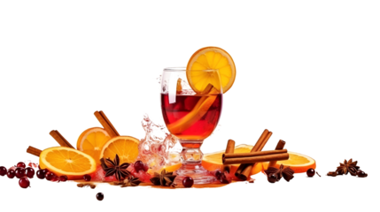Traditional Christmas hot alcohol drink, red mulled wine with oranges, cinnamon and spices, white background