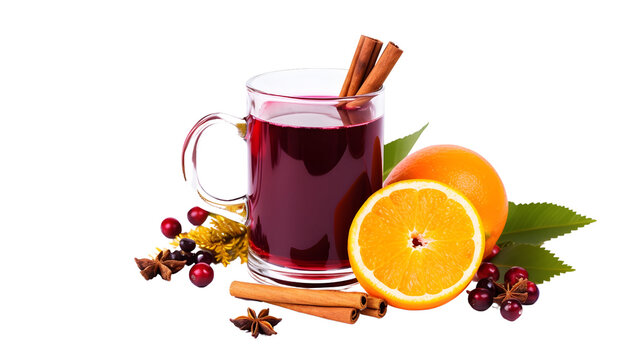 Traditional Christmas hot alcohol drink, red mulled wine with oranges, cinnamon and spices, white background