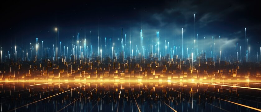 Internet global network abstract background with gold and blue glowing neon moving high speed line and wave, Generative AI
