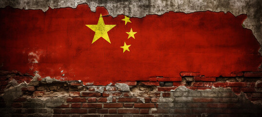 The concept of the Chinese economic crisis and recession tied to the real estate market crisis, with the China flag on a crumbling wall. - obrazy, fototapety, plakaty