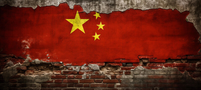 The concept of the Chinese economic crisis and recession tied to the real estate market crisis, with the China flag on a crumbling wall.