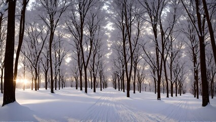 Tranquil winter wonderland, featuring a serene snowy path through the forest, bathed in the soft golden glow of dawn. This majestic and untouched nature scene captures the essence of winter's beauty