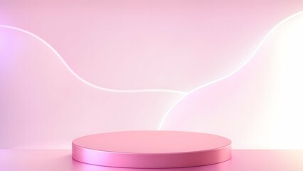 Elegant minimalist pink podium for product display, set against an abstract pastel backdrop. Perfect for presentations and exhibitions, this modern platform showcases a clean, trendy design