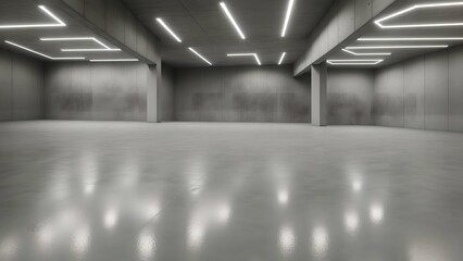Spacious, minimalist interior of a modern gallery with reflective concrete floors and distinctive geometric lighting fixtures, encapsulating a contemporary urban design. Perfect for showcasing 