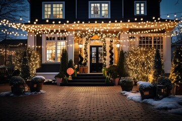 A home adorned with radiant lights and festive New Year's decorations, creating a vibrant and celebratory atmosphere - obrazy, fototapety, plakaty